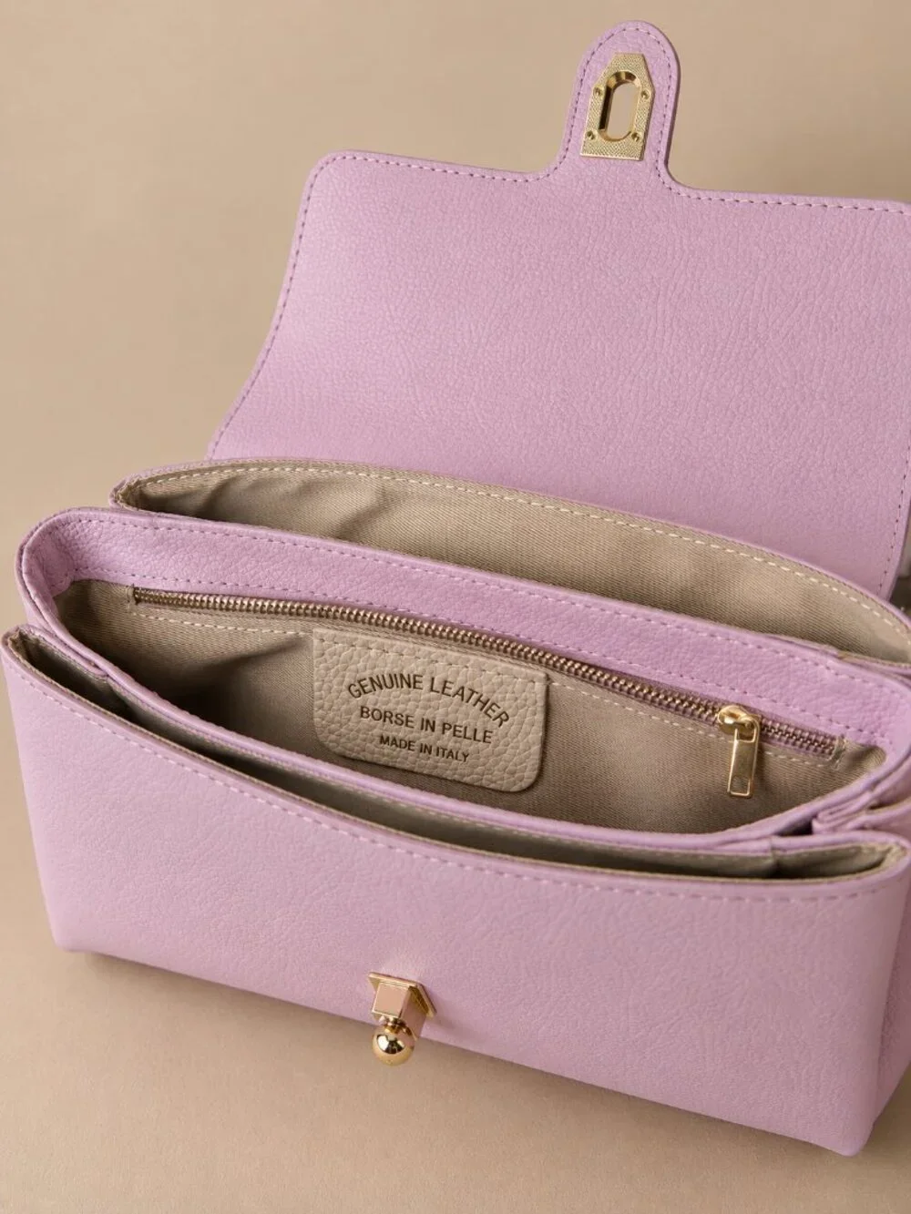 Italian Leather Structured Top Handle Satchel, Pastel Lilac Crossbody Bag